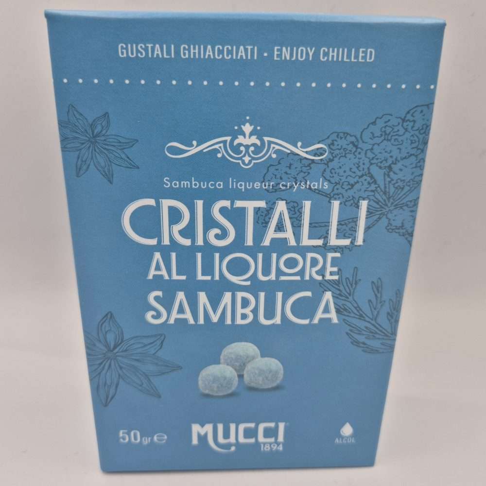 Cristalli Mucci® al liquore Sambuca confezionati in monodose - Box 50gr.