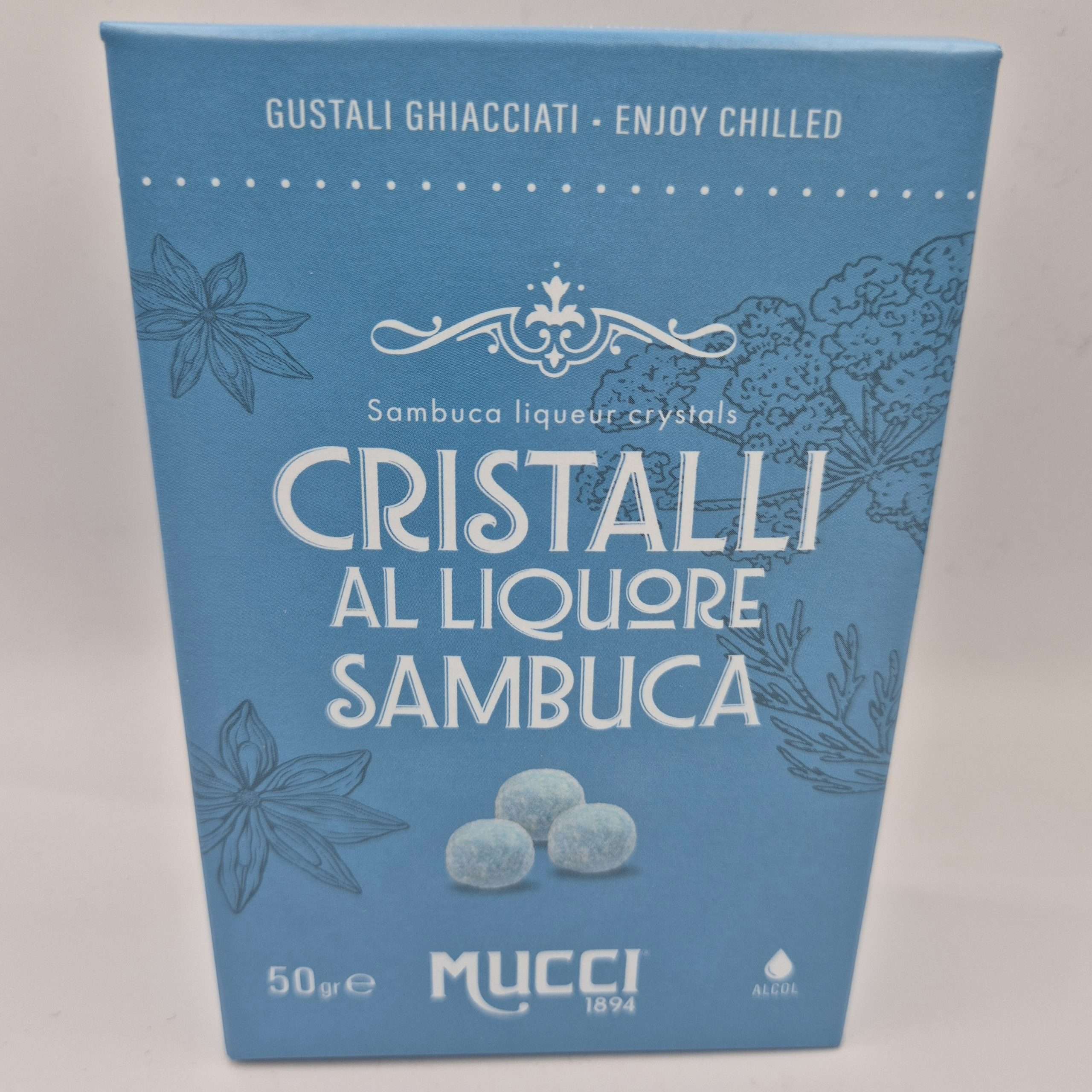 Cristalli Mucci® al liquore Sambuca confezionati in monodose - Box 50gr.