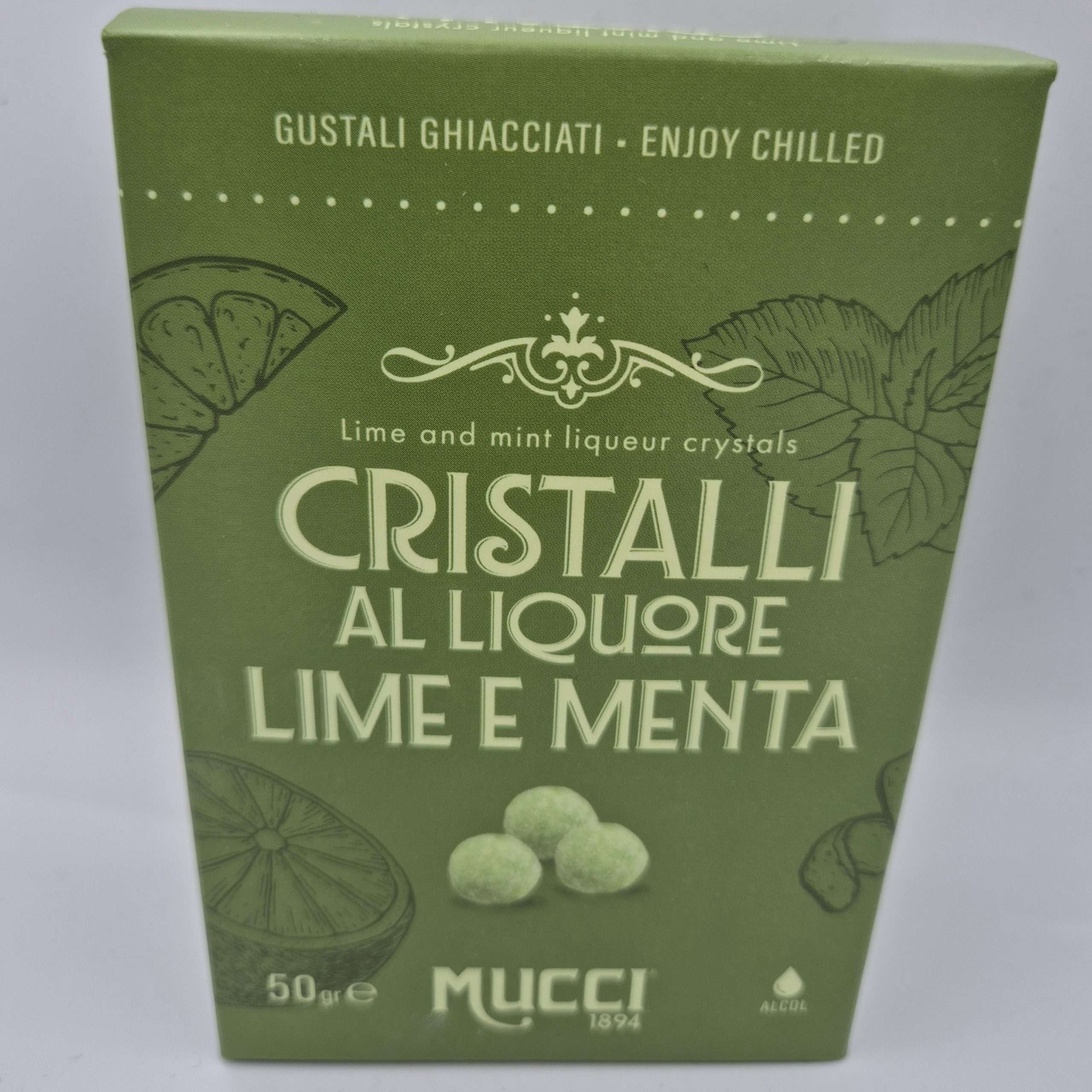 Cristalli Mucci® al liquore Lime & Menta confezionati in monodose - Box 50gr.