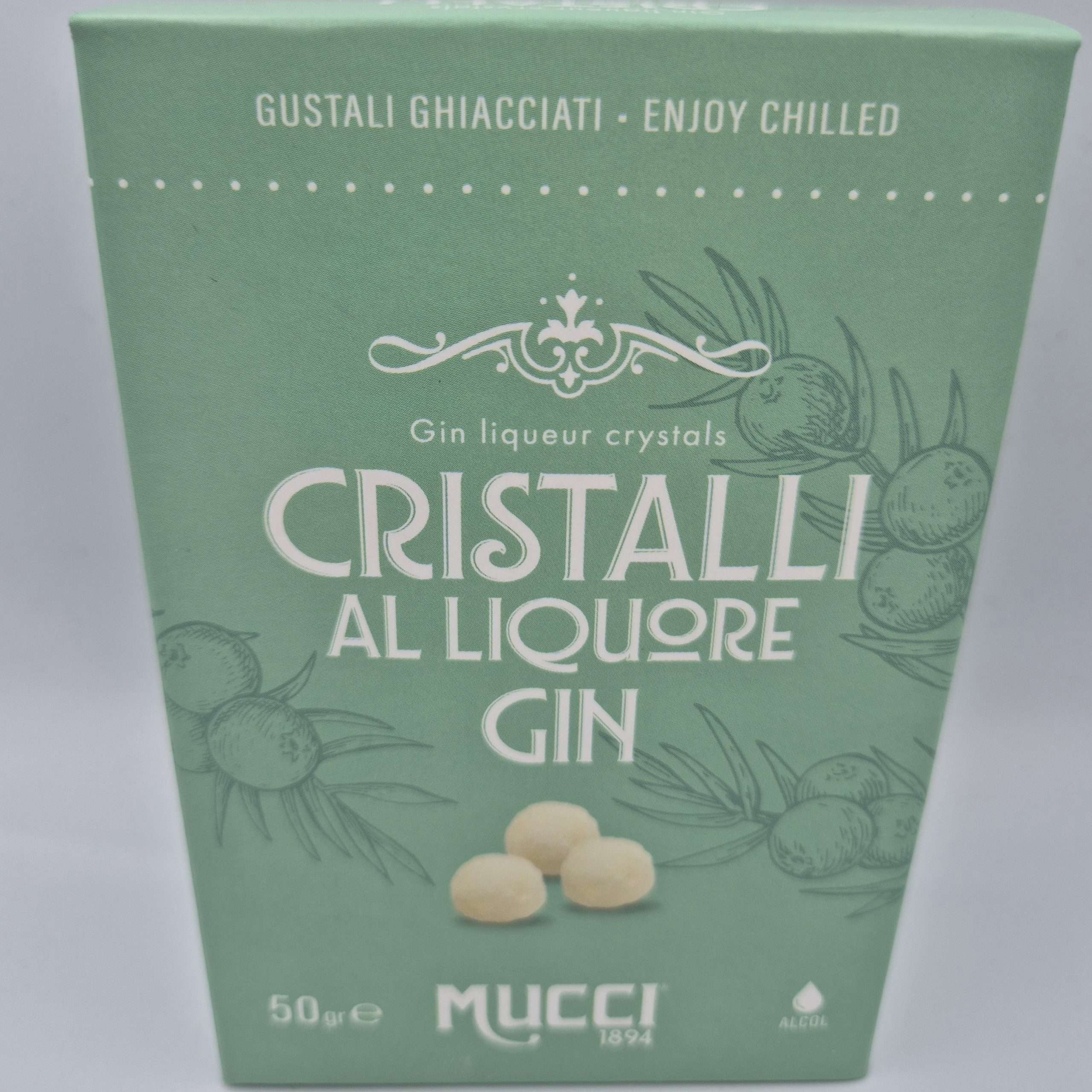 Cristalli Mucci® al liquore Gin confezionati in monodose - Box 50gr.