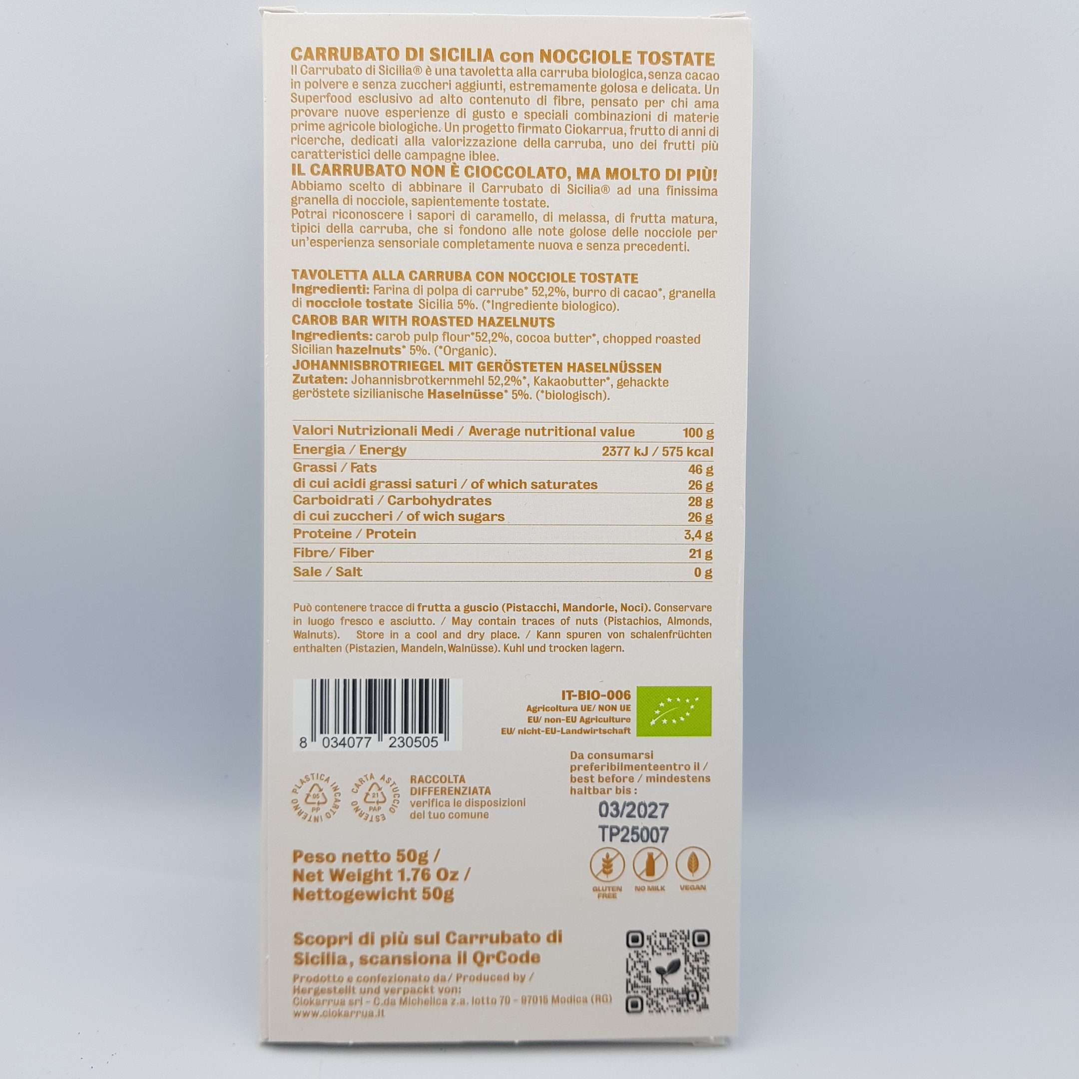Carrubato di Sicilia Bio con Nocciole Tostate da 50g